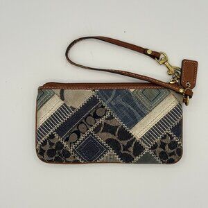 Coach Denim Patchwork Wristlet Clutch Blue  Brown